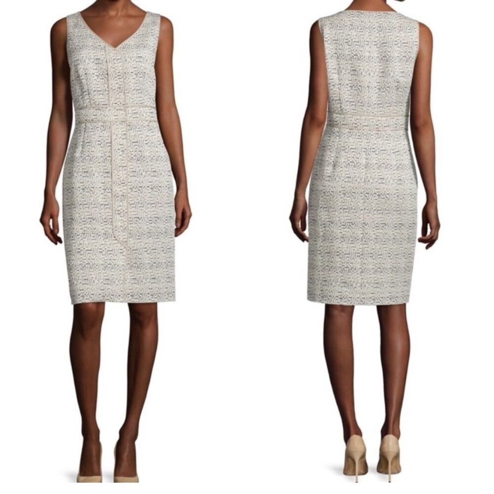 NWT Lafayette 148 Beige Cream Tweed Sleeveless V-Neck Sheath Dress